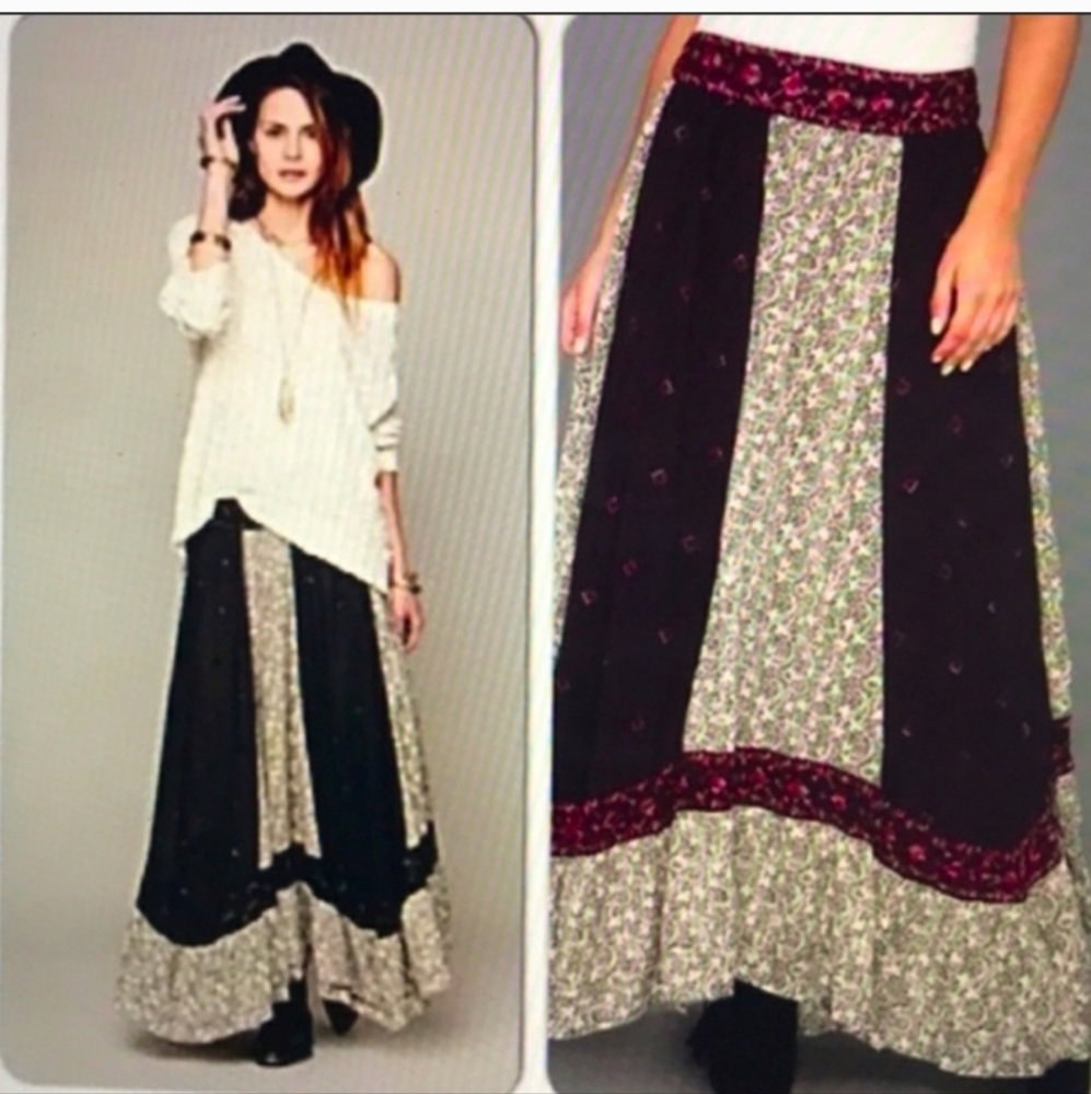 Bohemian Panel Maxi Skirt in Black and Cream with Burgundy Trim